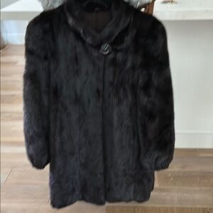 Mink Black coat Lined, side pockets, large button, hooks for closure. 37” long